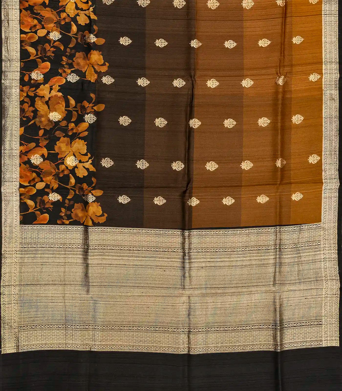 Black & Mustard Handloom Tussar Silk Saree With Floral  Motifs