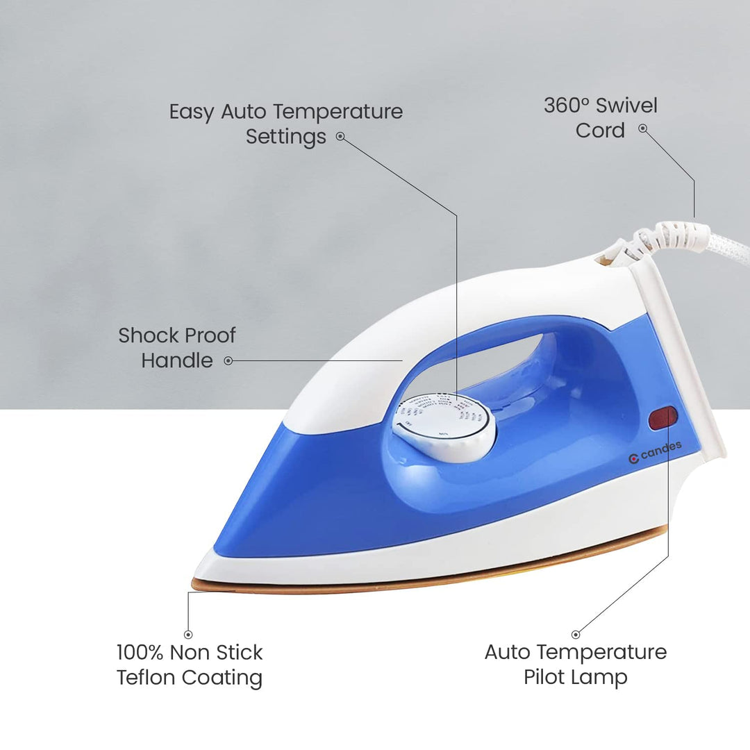 Candes EI108 Light Weight Electric Dry Iron 100% Non Stick Teflon Coating (1 Year Warranty) Blue & White