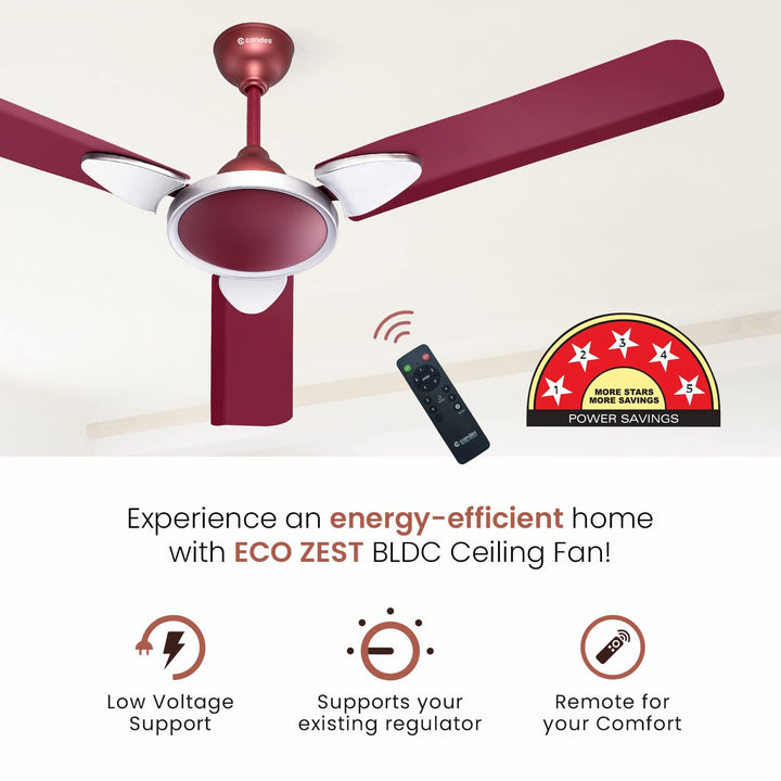 Candes Eco Zest Energy saving Designer 1200 mm / 48 inch Anti-Rust BLDC Ceiling Fan With Remote (2 Years Warranty) (Maroon)