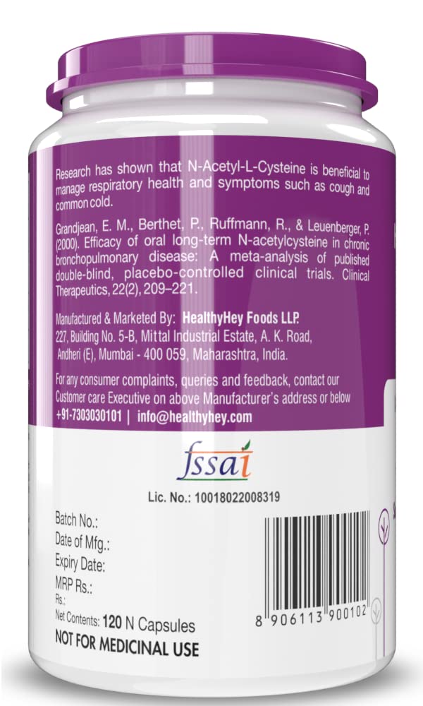 Healthyhey Nutrition N-Acetyl L-Cysteine (NAC) - Non-GMO - Gluten Free -Pack of 120 Veg. Capsules