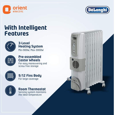 DELONGHI 9 Fin Oil Filled Radiator Room Heater with Fan (White, 2500Watts)