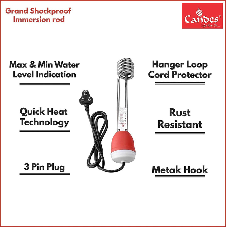 Candes Grand ISI Mark Shock-Proof & Water-Proof 2000W Shock Proof Immersion Heater Rod (Red, White) Pack of 2