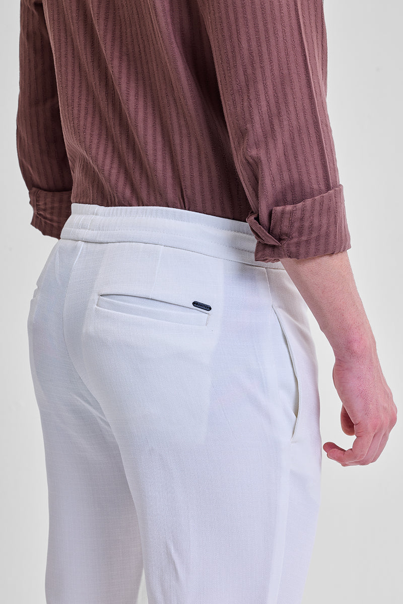 White Self-Design Slim Fit Trousers