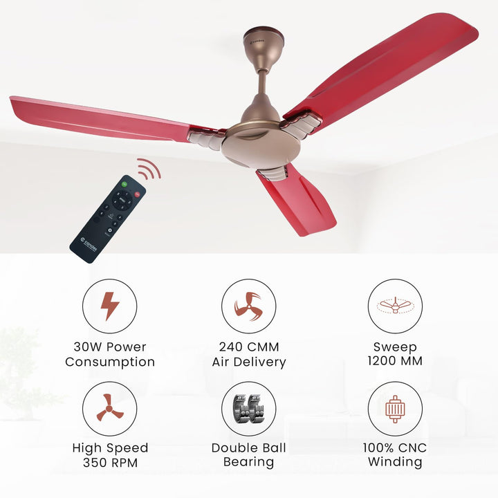 Candes Venue BLDC 1200mm High Speed Decorative Remote Ceiling Fans for Home | BEE 5 Star Rated Anti-Dust | 2 Years Warranty (Golden Red) Pack of 1