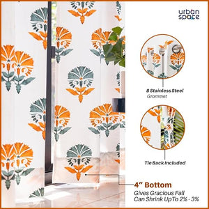 100% Cotton Curtains for Living Room, Bedroom curtains - Pack of 2 curtains, Owl Orchids - Mango