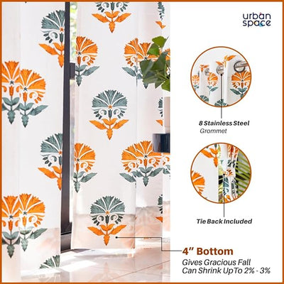 100% Cotton Curtains for Living Room, Bedroom curtains - Pack of 2 curtains, Owl Orchids - Mango
