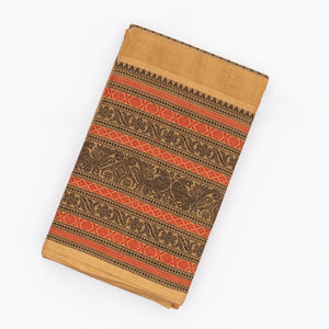 Beige Handloom Kanchi Cotton Saree With Rudraksham Stripes