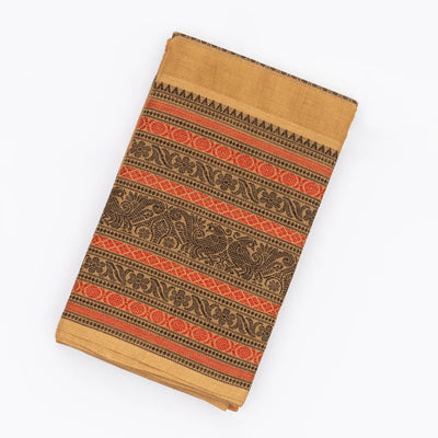 Beige Handloom Kanchi Cotton Saree With Rudraksham Stripes