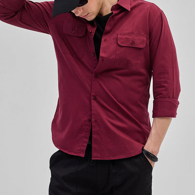 Maroon Solid Double Pocket Overshirt