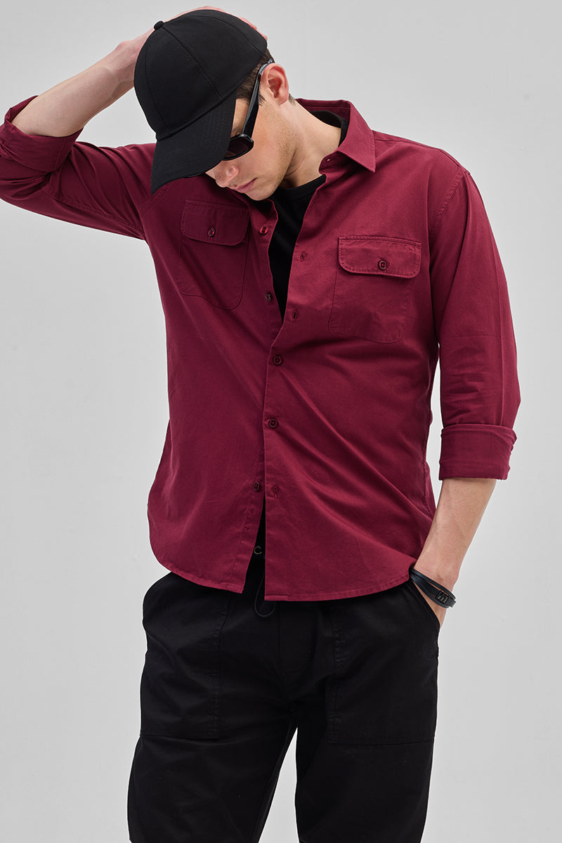 Maroon Solid Double Pocket Overshirt
