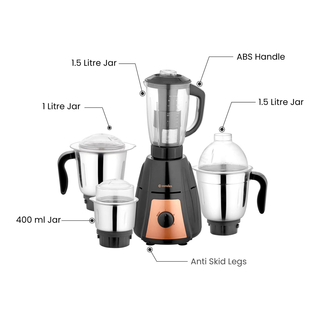 Candes Eathan 900 Watts Mixer Grinder with 4 Jars Powerful Motor with 2 Year Motor Warranty (Black, Gold)