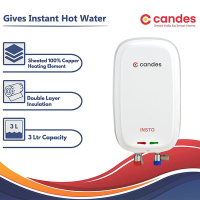 Candes Insto 3-Litre Instant Electric Water Heater Multiple Safety Geyser ABS Body, White