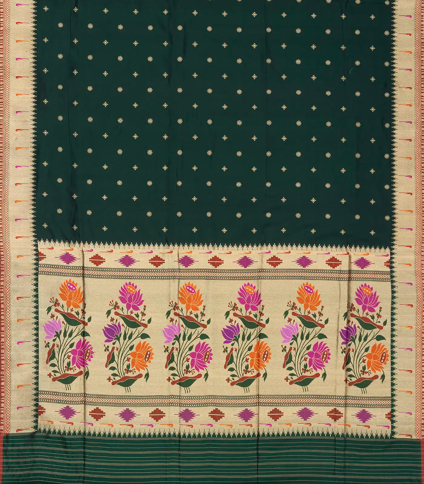 Bottle Green Handwoven Banarasi Silk Saree With Floral Buttas