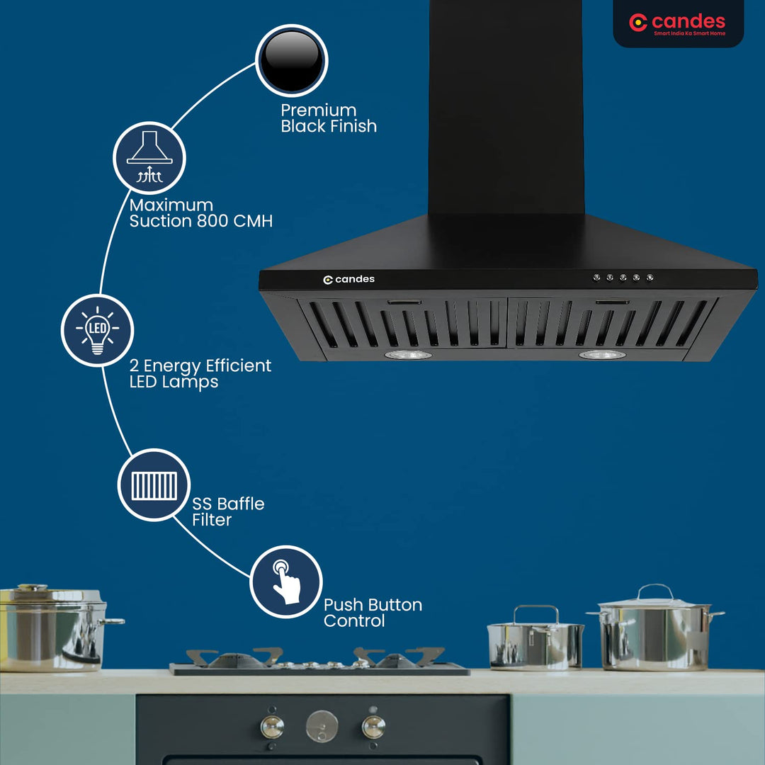 Candes Spire Kitchen Chimney 60 Cms with Powerful 800 m3/h Suction| Stainless Steel Baffle Filter | Anti-Fingerprint Black Wall Mount Range Hood | 3 Level Push Control |Plastic Blower | 2 Level Led Lighting | Warranty 1 Year on Product & 5 Years On Motor