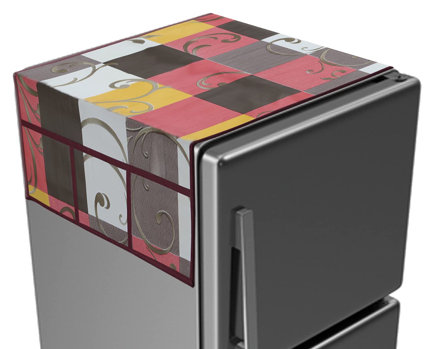 Kuber Industries Multicheck Printed PVC Fridge Top Cover with 6 Utility Side Pockets (Multicolor)