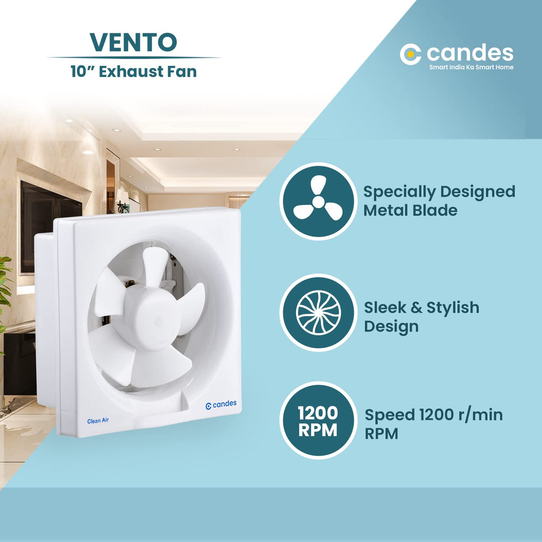 Candes Vento 250 MM (10 Inches) 100% CNC Winding 5 Blades Exhaust Fan - 1 Year Warranty (White)