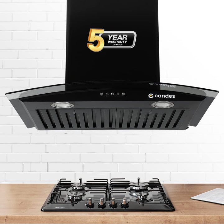 Candes Blaze Kitchen Chimney 60 Cms with Powerful 1100 m3/h Suction| Stainless Steel Baffle Filter | Curved Glass |Oil Collector |Anti-Fingerprint & Black Wall Mount Range Hood |3 Level Push Control | Stainless Steel Baffle Filter | Metal Blower | 2 Level