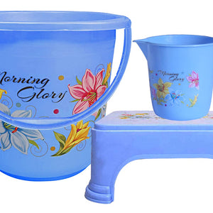 Kuber Industries Printed 3 Pieces Unbreakable Virgin Plastic Multipurpose Bucket, Mug & Stool Set (Blue)