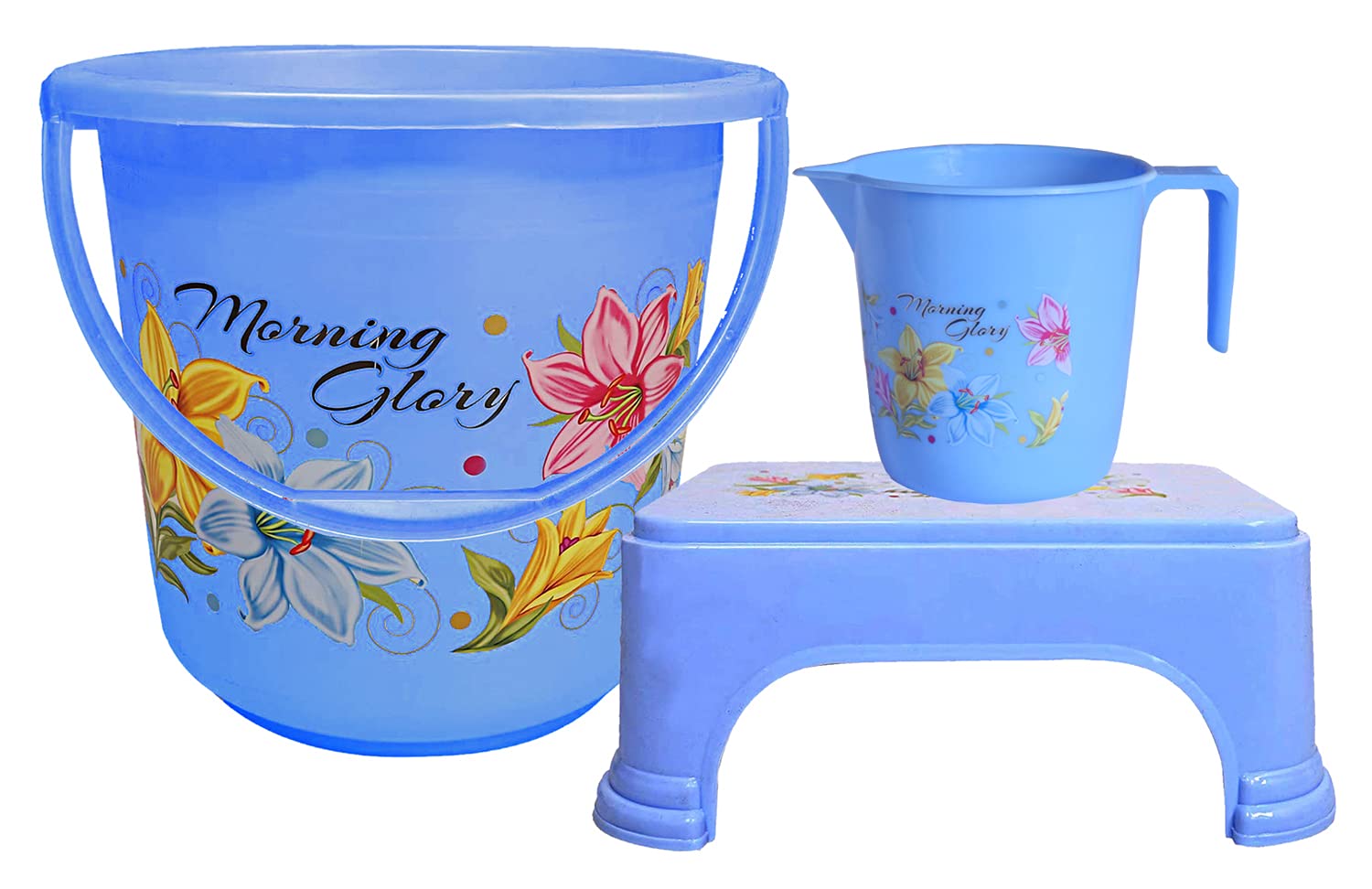 Kuber Industries Printed 3 Pieces Unbreakable Virgin Plastic Multipurpose Bucket, Mug & Stool Set (Blue)