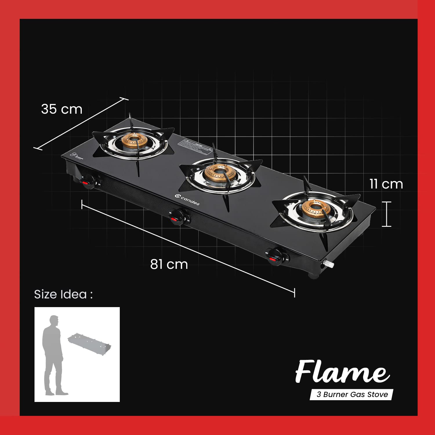 Candes Flame Glass Top Gas Stove, Manual Ignition, Black (ISI Certified, with 12 Months Warranty (3 Burner)