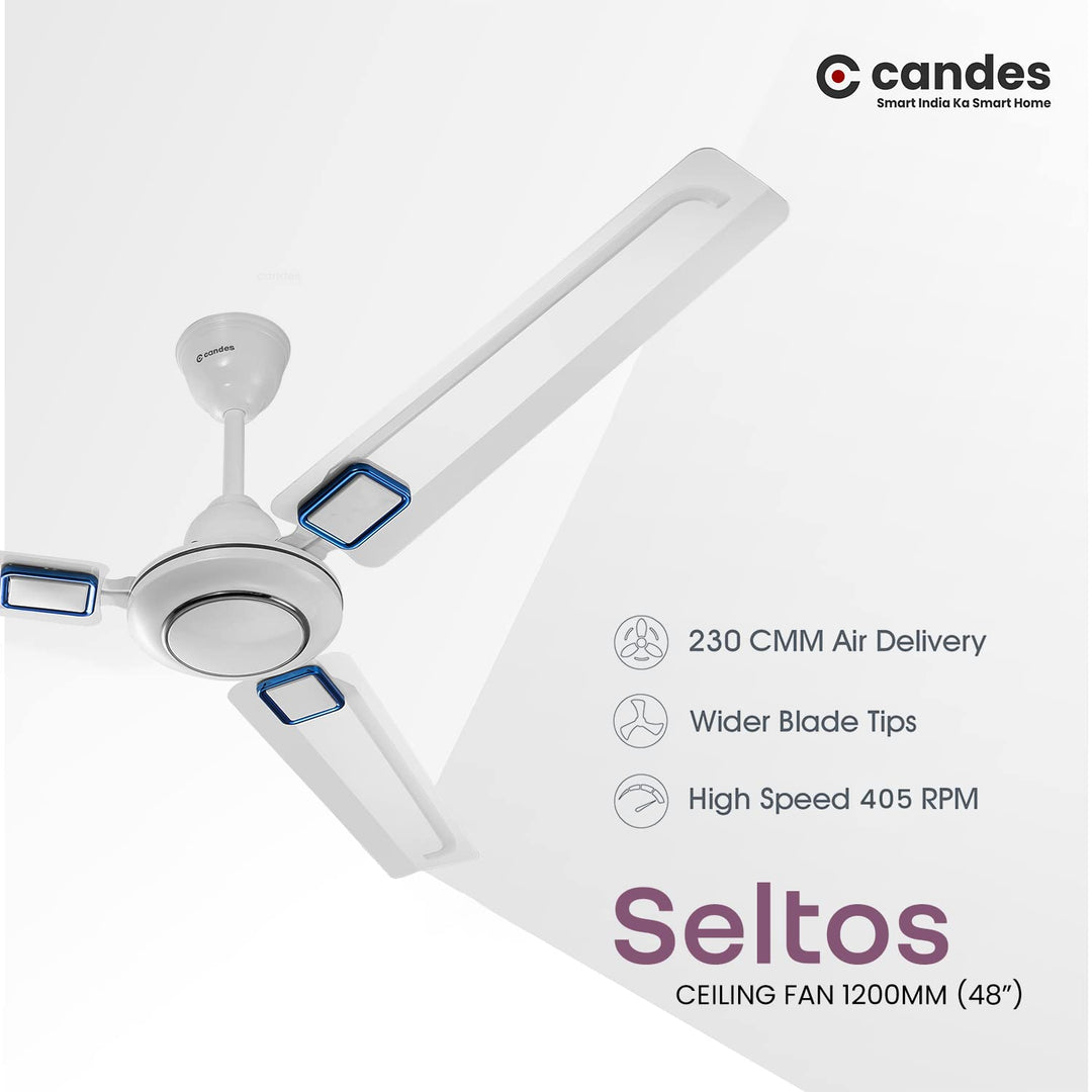 Candes Seltos 1200mm/48 inch High Speed Anti-dust Decorative 405 RPM, 3 Star Rated Ceiling Fan with 2 Yrs Warranty (White Blue)