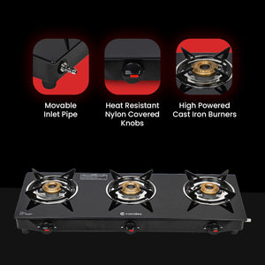 Candes Flame Glass Top Gas Stove, Manual Ignition, Black (ISI Certified, with 12 Months Warranty (3 Burner)