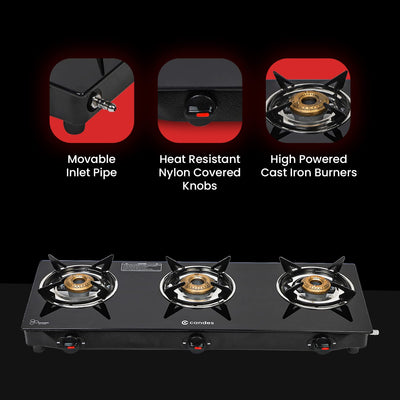 Candes Flame Glass Top Gas Stove, Manual Ignition, Black (ISI Certified, with 12 Months Warranty (3 Burner)