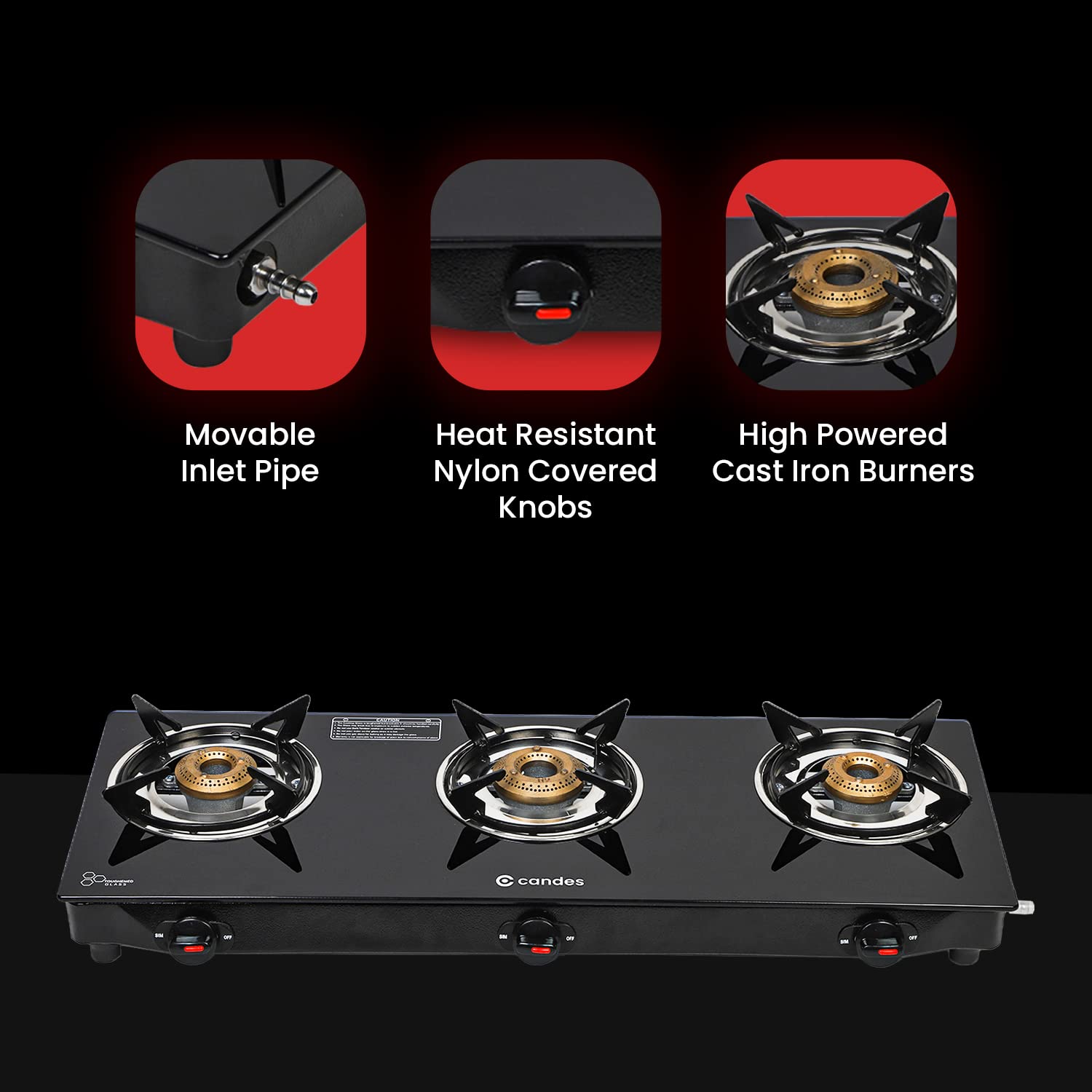 Candes Flame Glass Top Gas Stove, Manual Ignition, Black (ISI Certified, with 12 Months Warranty (3 Burner)