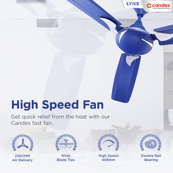 Candes Lynx 1200mm High-Speed Decorative Ceiling Fans for Home | BEE 3 Star Rated 405 RPM Anti-Dust | 2 Years Warranty (Silver Blue) Pack of 1