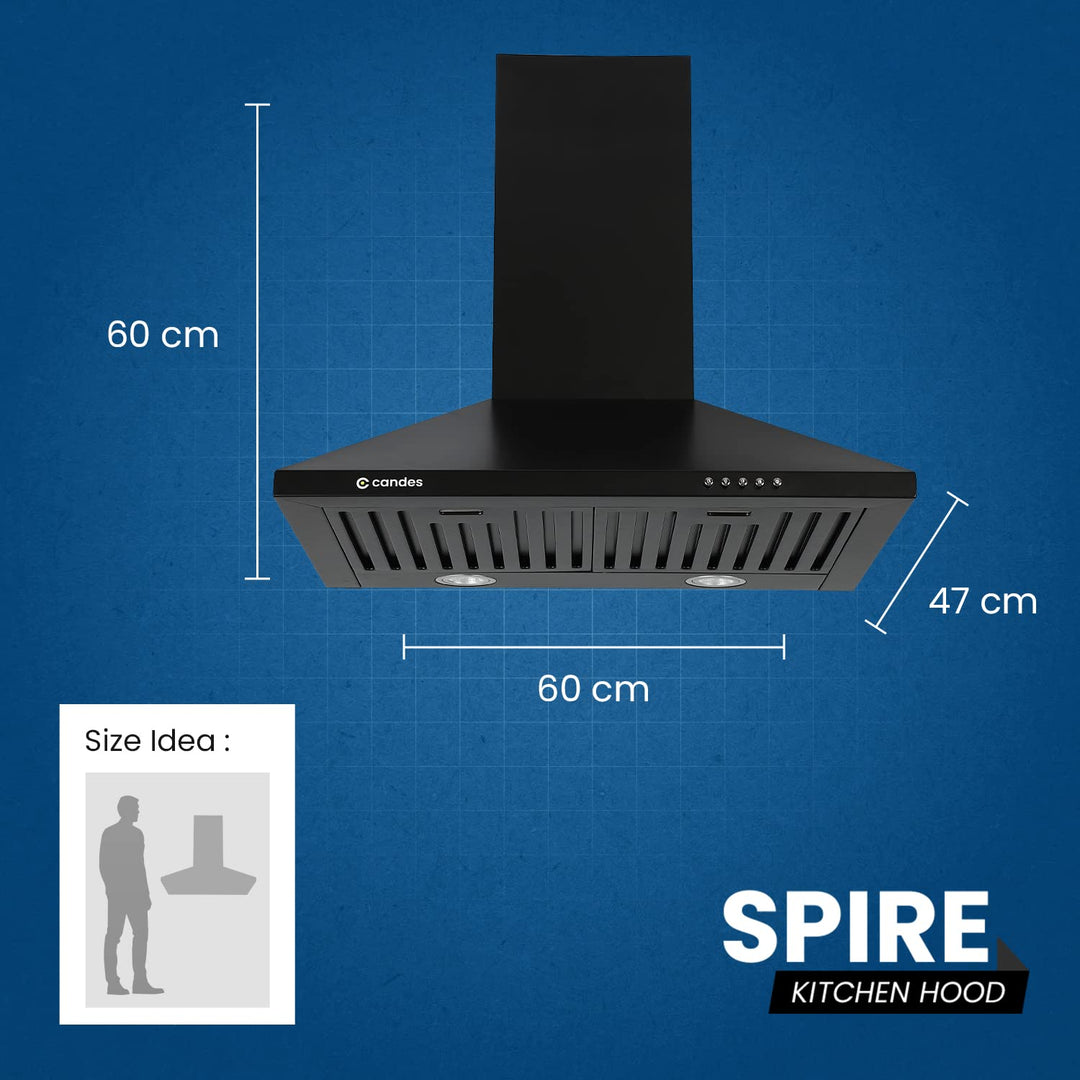 Candes Spire Kitchen Chimney 60 Cms with Powerful 800 m3/h Suction| Stainless Steel Baffle Filter | Anti-Fingerprint Black Wall Mount Range Hood | 3 Level Push Control |Plastic Blower | 2 Level Led Lighting | Warranty 1 Year on Product & 5 Years On Motor