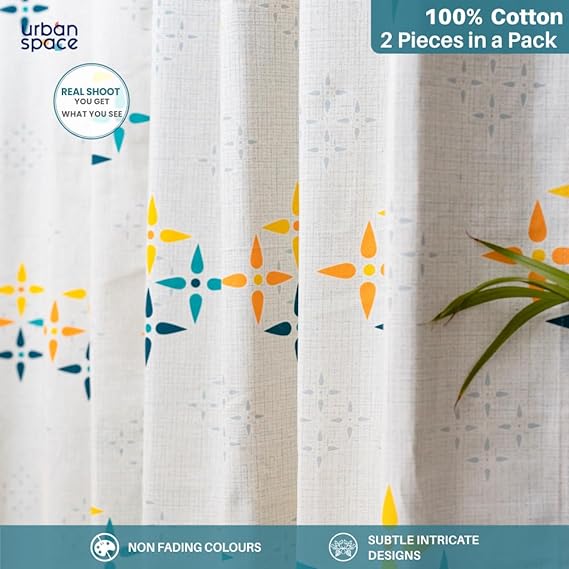 100% Cotton Curtains for Living Room, Bedroom curtains - Pack of 2 curtains, Mosaic - Yellow & Blue