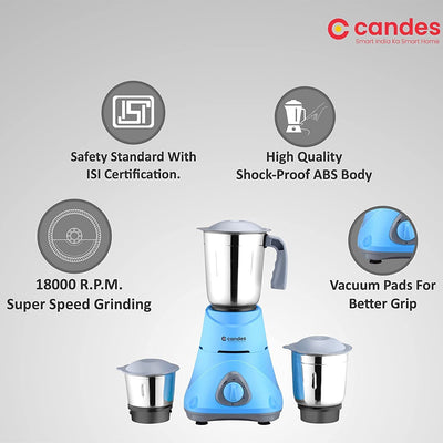 Candes Bolt 550-Watt Mixer Grinder with 3 Jars, Powerful Motor and 2 Year Warranty on Motor, (Blue Grey) + Quick Hand Vegetables & Fruit Chopper Green (Super Combo)
