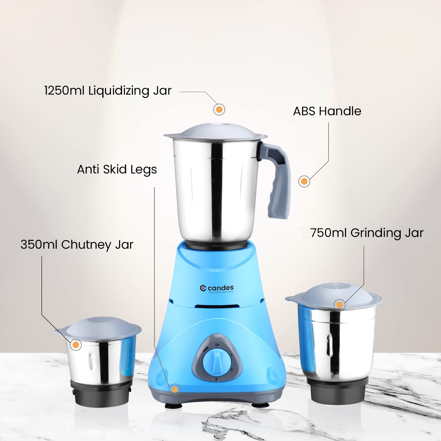 Candes Bolt 550-Watt Mixer Grinder with 3 Jars, Powerful Motor and 2 Year Warranty on Motor, (Blue Grey) + Quick Hand Vegetables & Fruit Chopper Green (Super Combo)