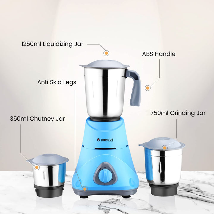 Candes Bolt 550-Watt Mixer Grinder with 3 Jars, Powerful Motor and 2 Year Warranty on Motor, (Blue Grey)