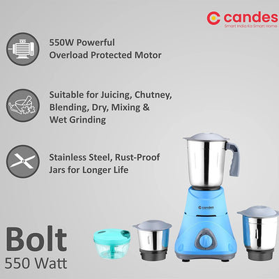 Candes Bolt 550-Watt Mixer Grinder with 3 Jars, Powerful Motor and 2 Year Warranty on Motor, (Blue Grey) + Quick Hand Vegetables & Fruit Chopper Green (Super Combo)