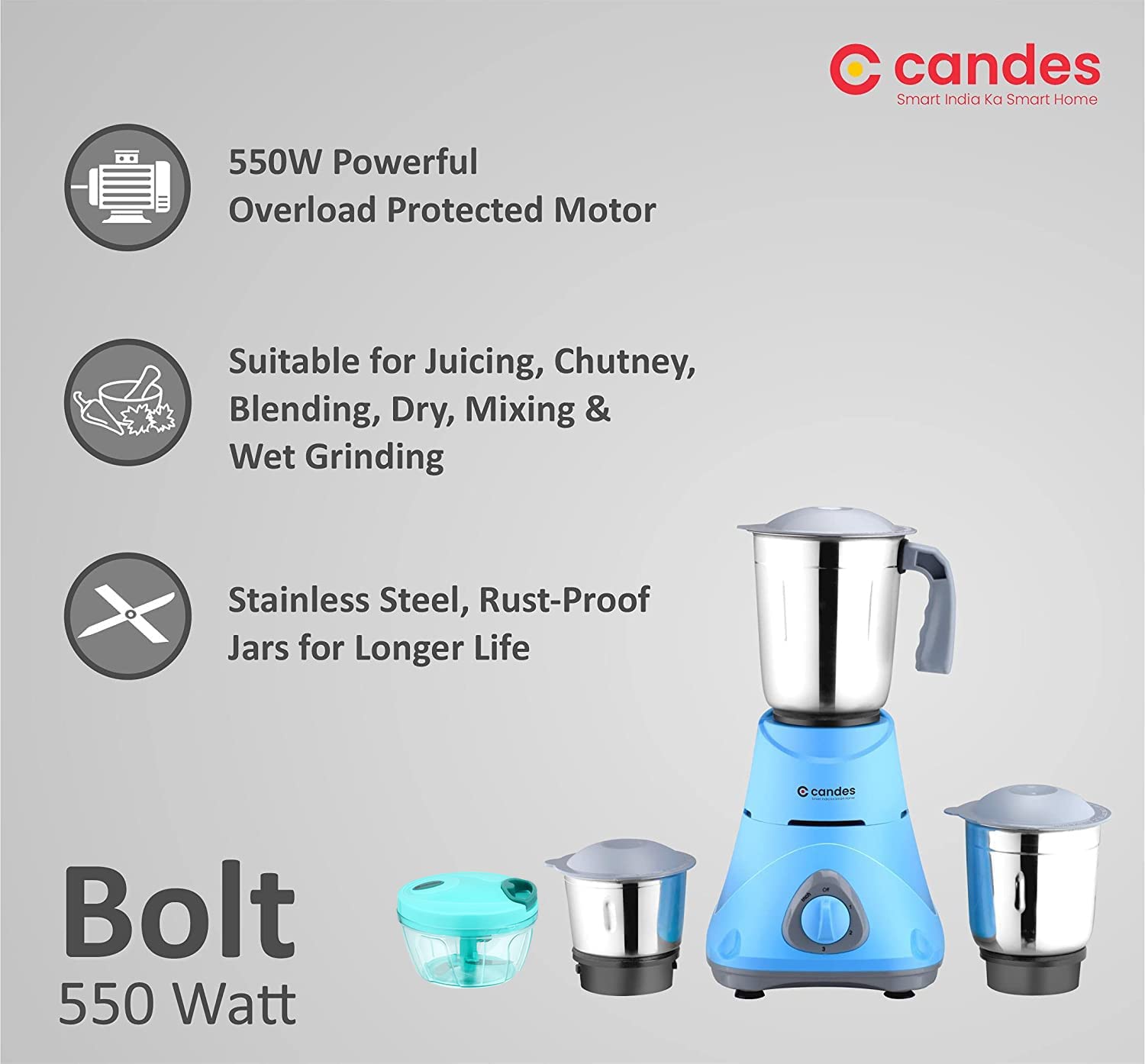 Candes Bolt 550-Watt Mixer Grinder with 3 Jars, Powerful Motor and 2 Year Warranty on Motor, (Blue Grey) + Quick Hand Vegetables & Fruit Chopper Green (Super Combo)
