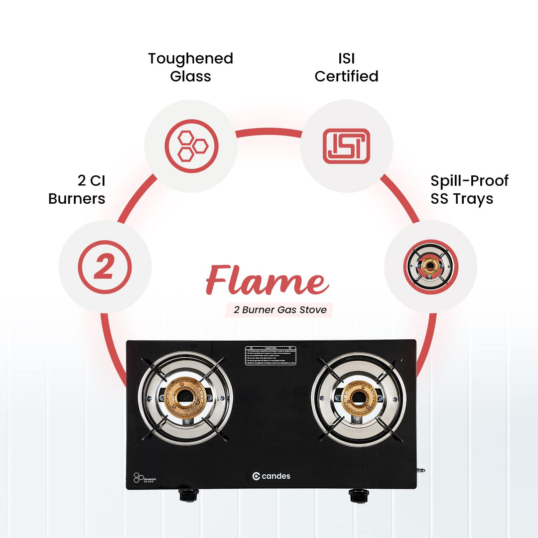 Candes Flame Glass Top Gas Stove, Manual Ignition, Black (ISI Certified | With 12 Months Warranty (4 Burner)