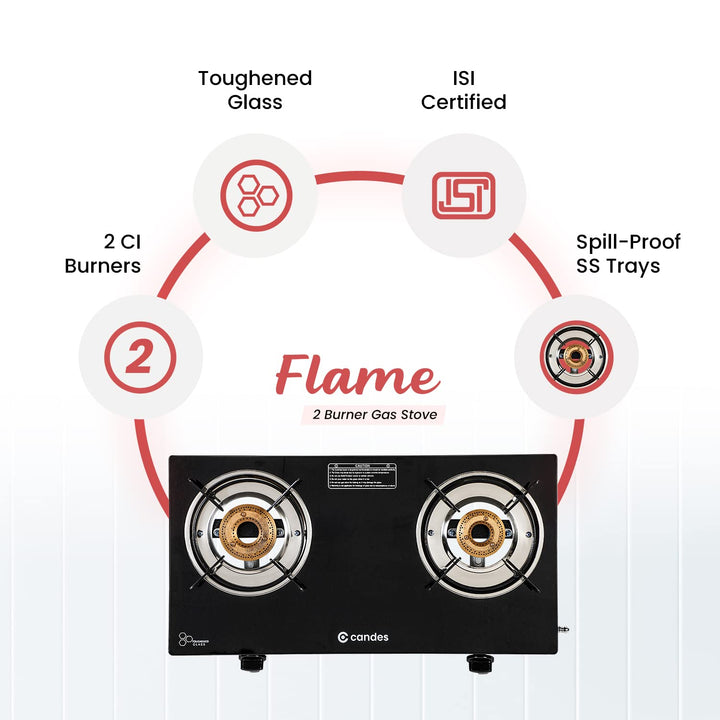 Candes Flame Glass Top Gas Stove | Manual Ignition, Black (ISI Certified | With 12 Months Warranty (2 Burner)