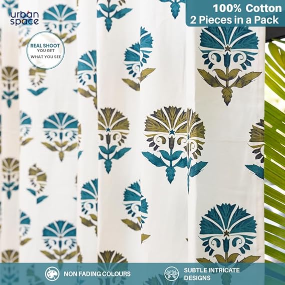 100% Cotton Curtains for Living Room, Bedroom curtains - Pack of 2 curtains, Owl Orchids - Blues