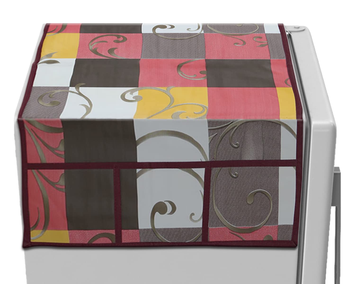 Kuber Industries Multicheck Printed PVC Fridge Top Cover with 6 Utility Side Pockets (Multicolor)