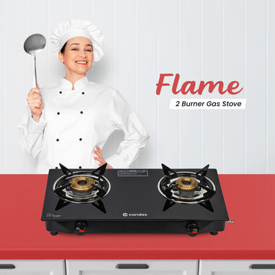 Flame Glass Top Gas Stove 2 Burner, Manual Ignition, Black