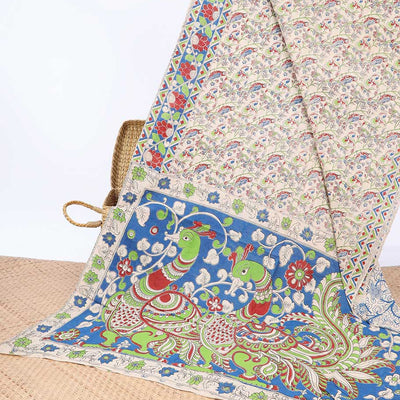 Cream floral machine-printed kalamkari cotton saree, contrast floral & chevron border & peacock pallu