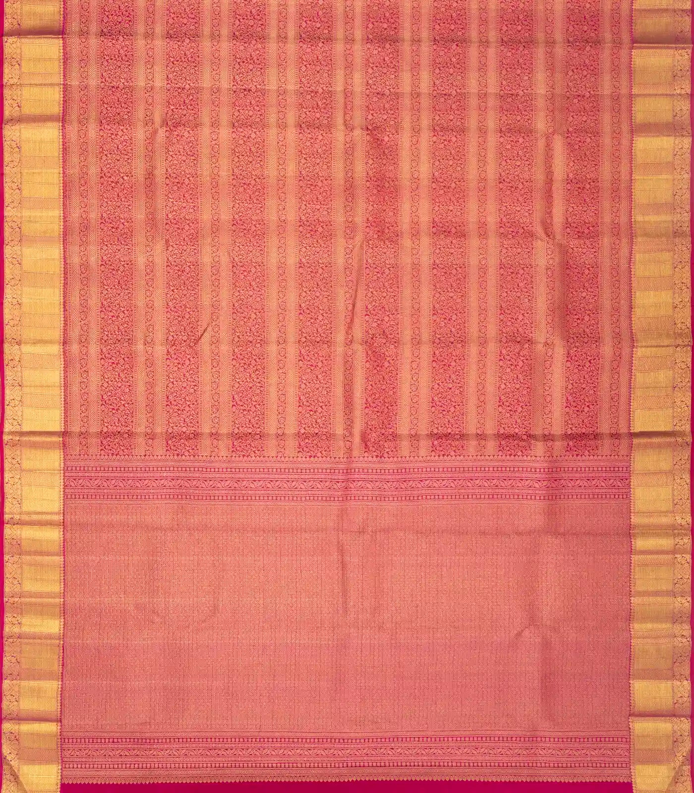 Pink Handloom Kanchipuram Silk Saree With Floral Stripes