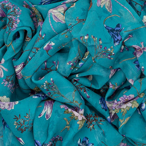 Cyan Woven Digital Printed Chiffon Silk Saree With Floral Motifs