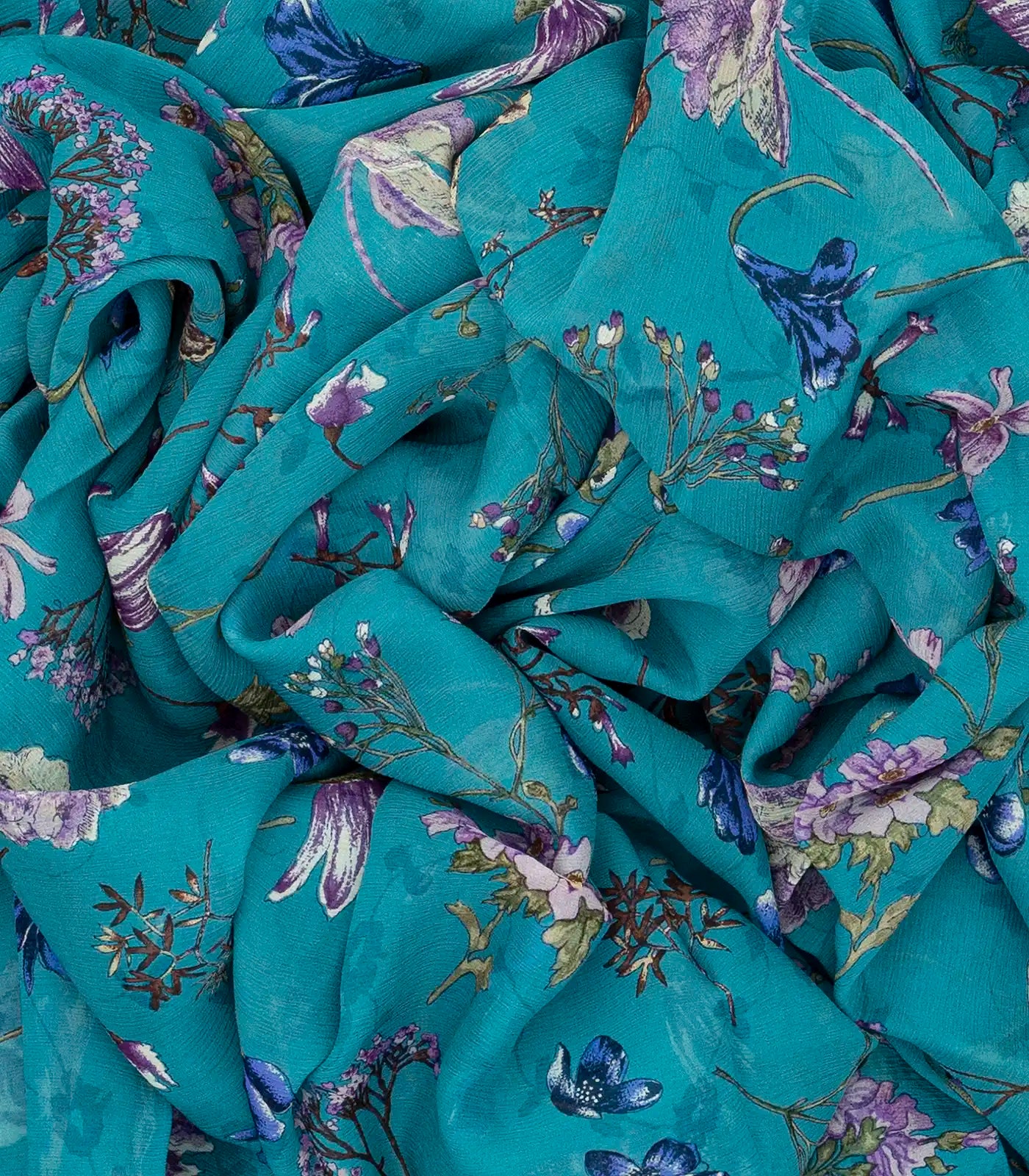 Cyan Woven Digital Printed Chiffon Silk Saree With Floral Motifs