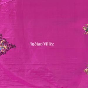 Royal Pink Radha Krisha Pattachitra Art on Pure Silk Saree