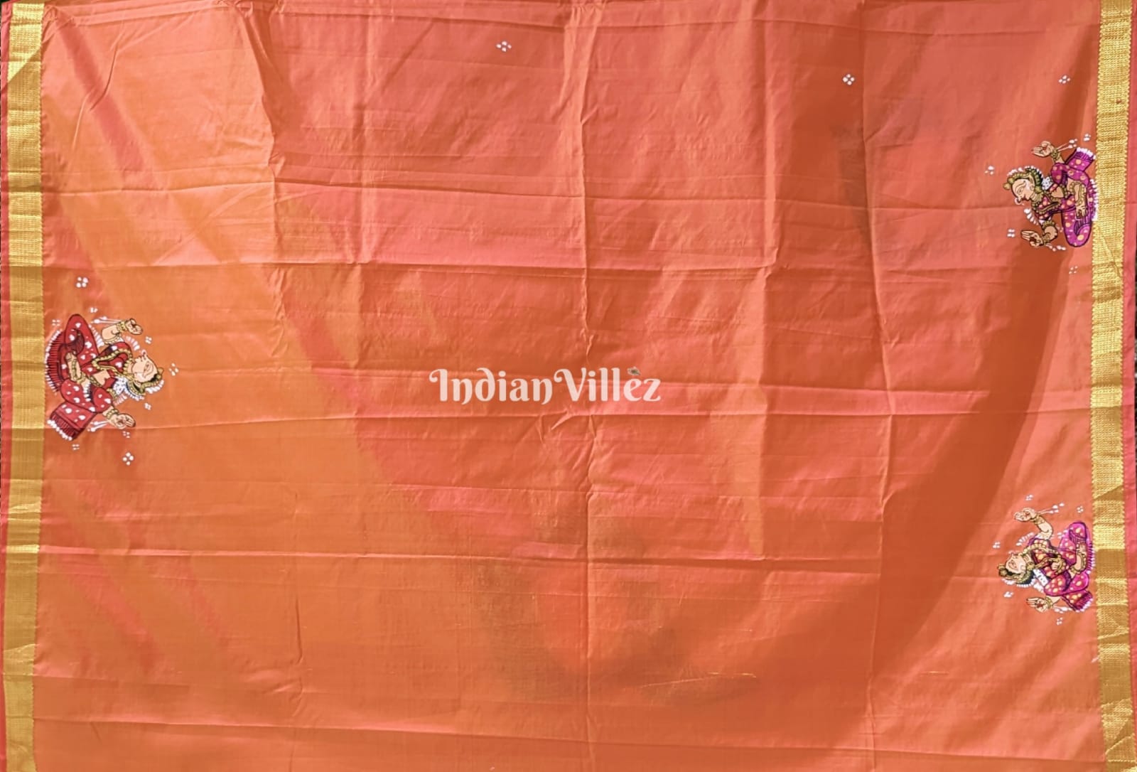 Orange Radha Krishna Peacock Design Pattachitra Saree