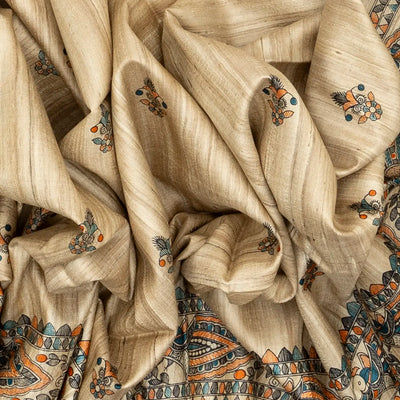 Taupe Handloom Tussar Silk Saree With Printed Cyan Floral Motifs