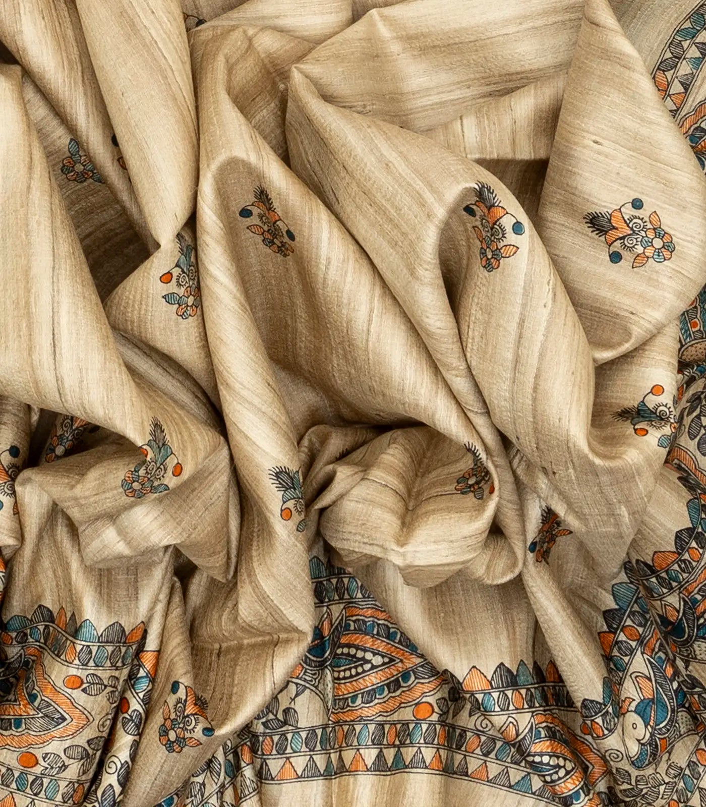 Taupe Handloom Tussar Silk Saree With Printed Cyan Floral Motifs