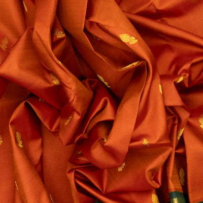 Rust Handloom Kanchipuram Korvai Silk Saree With Floral Buttas